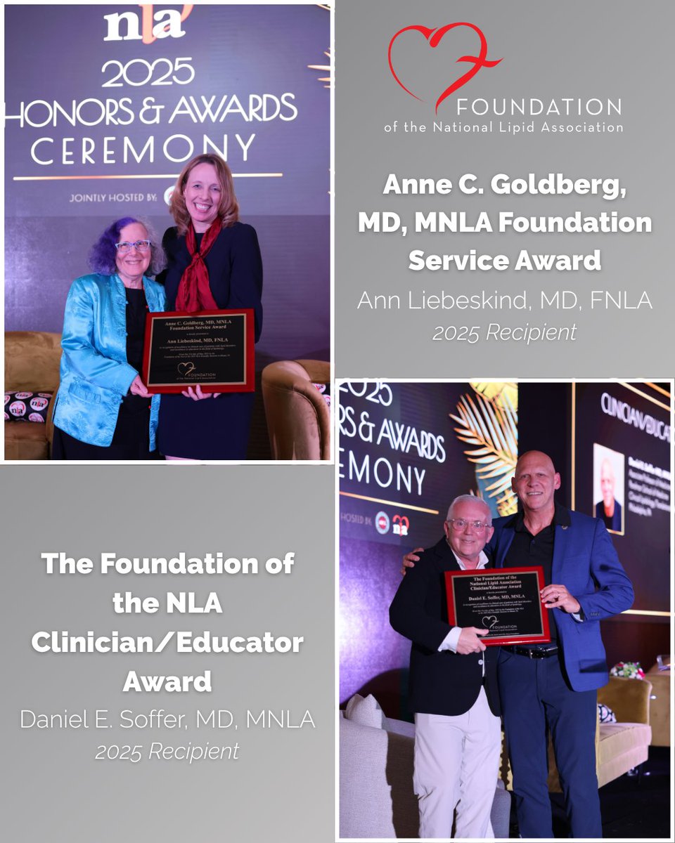 foundationofnla's tweet image. The Anne C. Goldberg, MD, MNLA Foundation Service Award & The FNLA Clinician/Educator Award recognize outstanding clinical care of patients with lipid disorders & dedication to advancing education. We're proud to announce the 2025 recipients, @MHealthTeam & @dan_soffer!👏