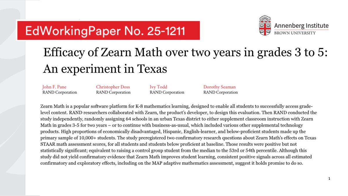 Annenberg Institute at Brown (@annenberginst) on Twitter photo 📢 #EdWorkingPapers: <a href="/RANDCorporation/">RAND</a> researchers find modest, positive but not statistically significant effects of Zearn Math on STAAR scores. Exploratory results point to promise.
🔍 <a href="/JohnFPane/">John F. Pane</a>, <a href="/Chris_J_Doss/">Christopher J. Doss</a>, Ivy Todd & Dorothy Seaman
📄 edworkingpapers.com/ai25-1211 📢 #EdWorkingPapers: <a href="/RANDCorporation/">RAND</a> researchers find modest, positive but not statistically significant effects of Zearn Math on STAAR scores. Exploratory results point to promise.
🔍 <a href="/JohnFPane/">John F. Pane</a>, <a href="/Chris_J_Doss/">Christopher J. Doss</a>, Ivy Todd & Dorothy Seaman
📄 edworkingpapers.com/ai25-1211
