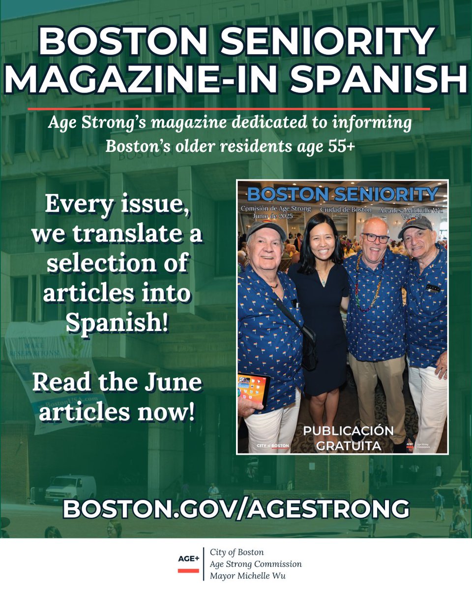 AgeStrongBos's tweet image. Did you know that Age Strong&apos;s Boston Seniority Magazine has articles in Spanish? Every issue of the magazine has a selection of articles that are available to read in Spanish and accessible in our website or in Boston City Hall. Visit boston.gov/departments/ag… to read online!