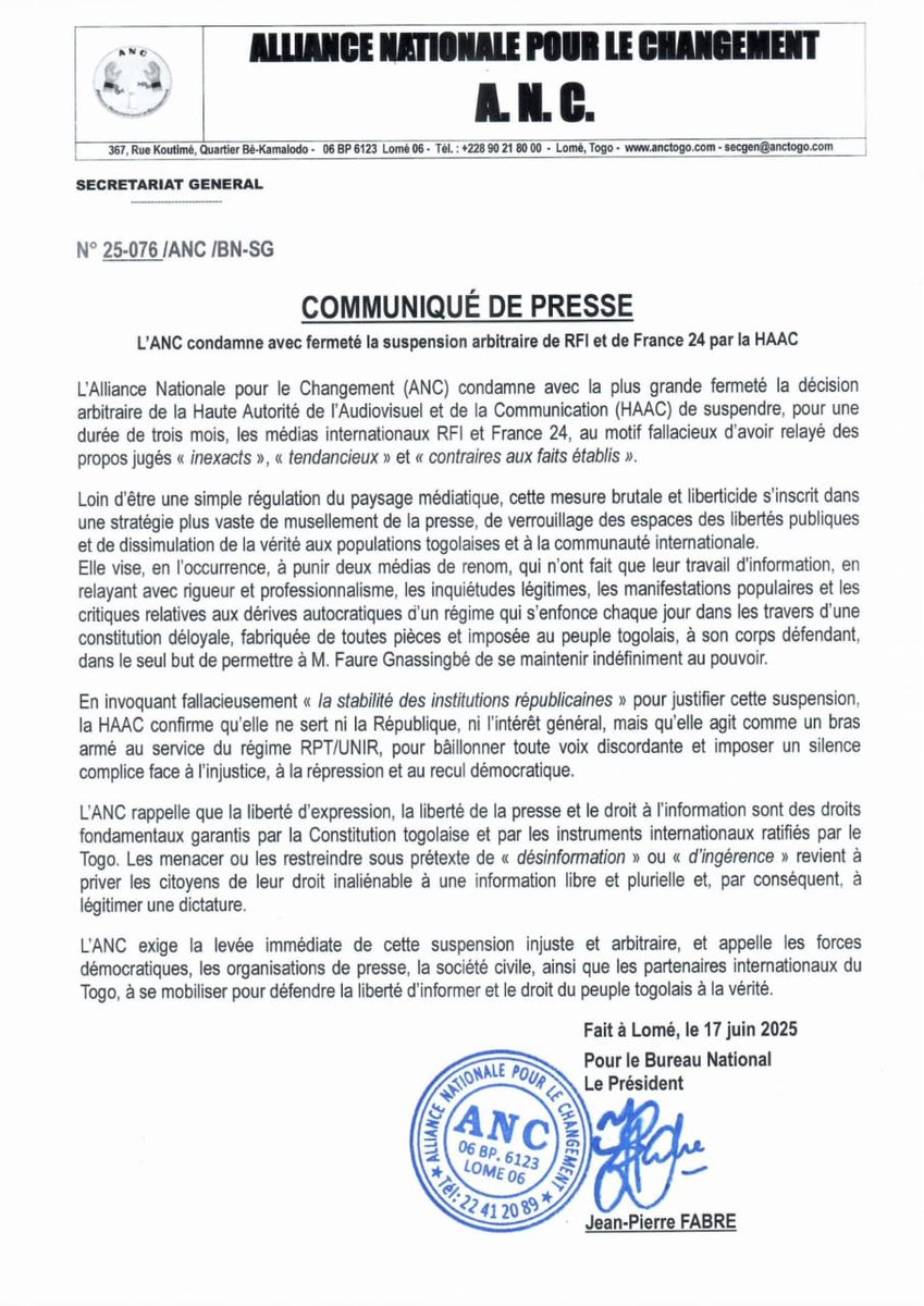 L'ANC condamne avec fermeté la suspension de RFI et de France 24 par la HAAC - Communiqué de presse 

#Togo #ANC