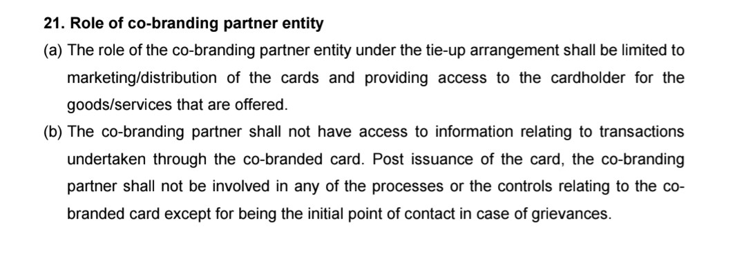 <a href="/eazydiner/">EazyDiner</a> While reading the RBI Master Direction on CC &amp; DC Issuance and Conduct, a new point noted {esp. (b)} regarding the role of the "co-branding partner".

Views are welcome whether the "co-branding partner" has violated the terms of RBI's Master Direction.