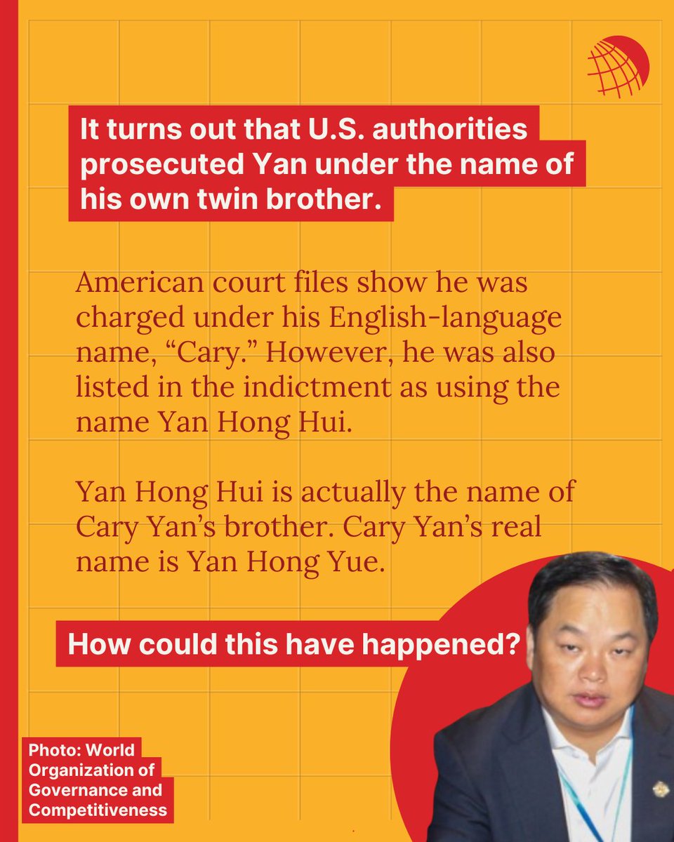 American court files show Cary Yan was charged under his English-language name, “Cary.” However, he was also listed in the indictment as using the name Yan Hong Hui.

Yan Hong Hui is actually the name of Cary Yan’s brother. Cary Yan’s real name is Yan Hong Yue.

Learn more