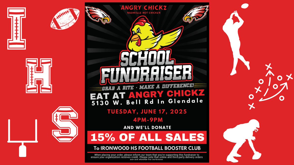 Ironwood Football Booster Club (@ihs_fb_booster) on Twitter photo ๐ฝ Reminder - <a href="/theangrychickz/">Angry Chickz</a> tonight for dinner!
Get some great food ๐ and support <a href="/IronwoodFball/">Ironwood Eagles Football</a> at the same time!!
#letseat #angrychicz #supportIHSfootball #levelup #CommunitySupport
<a href="/CoachStillings/">Tony Stillings</a> <a href="/Jordan_Light/">Jordan Light</a> <a href="/CoachDiCarloA/">Andrew R. DiCarlo, Esq.</a> <a href="/coachNR_AZ/">Neal Robertson</a> <a href="/IsaiahMV2/">Isaiah Southwick๐ญ๐บ</a> ๐ฝ Reminder - <a href="/theangrychickz/">Angry Chickz</a> tonight for dinner!
Get some great food ๐ and support <a href="/IronwoodFball/">Ironwood Eagles Football</a> at the same time!!
#letseat #angrychicz #supportIHSfootball #levelup #CommunitySupport
<a href="/CoachStillings/">Tony Stillings</a> <a href="/Jordan_Light/">Jordan Light</a> <a href="/CoachDiCarloA/">Andrew R. DiCarlo, Esq.</a> <a href="/coachNR_AZ/">Neal Robertson</a> <a href="/IsaiahMV2/">Isaiah Southwick๐ญ๐บ</a>