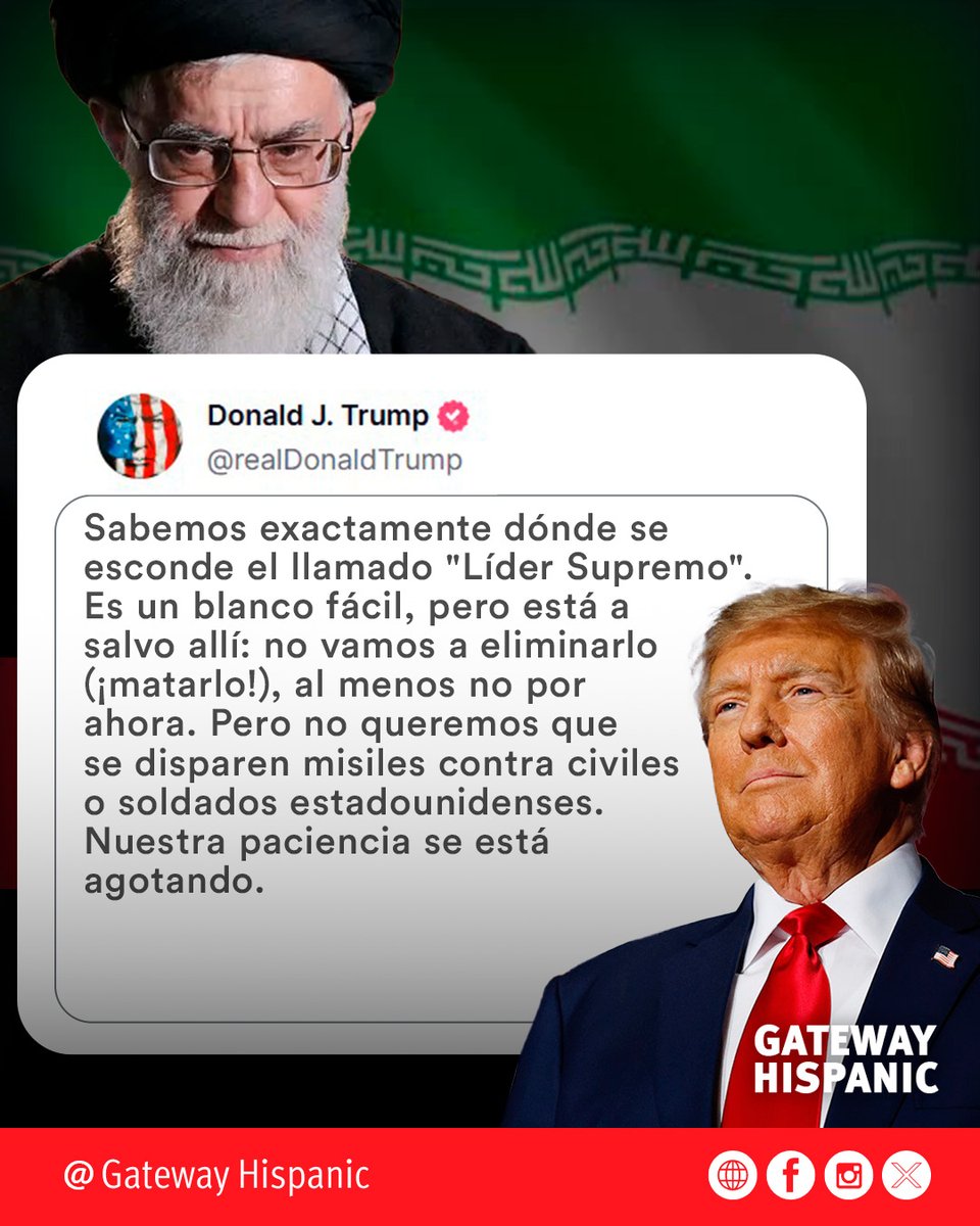 Gateway Hispanic (@gatewayhispanic) on Twitter photo 🎯🇺🇸 Clear message to Iran
President <a href="/realDonaldTrump/">Donald J. Trump</a> warns: we know exactly where the Iranian “Supreme Leader” is hiding.
He’s an easy target, but the United States is not seeking immediate escalation.
Still, our patience is running thin, and any attack on U.S. civilians or 🎯🇺🇸 Clear message to Iran
President <a href="/realDonaldTrump/">Donald J. Trump</a> warns: we know exactly where the Iranian “Supreme Leader” is hiding.
He’s an easy target, but the United States is not seeking immediate escalation.
Still, our patience is running thin, and any attack on U.S. civilians or