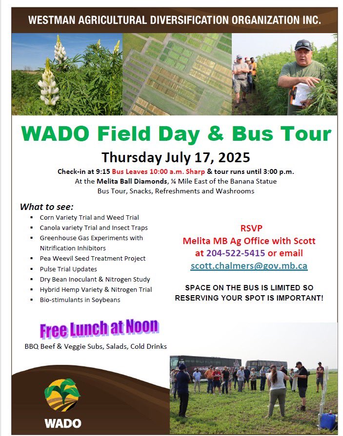 Come on down to the Banana Belt in Melita MB. We are having our annual WADO Field tour July 17. Good food, great speakers, and hopefully at hot day. Cold refreshments and treats. <a href="/CropCentres/">Manitoba Diversification Centres</a> <a href="/mb_cropalliance/">Manitoba Crop Alliance</a> <a href="/MbPulseGrowers/">MPSG</a> <a href="/kpmacmillanUM/">Kristen MacMillan</a>