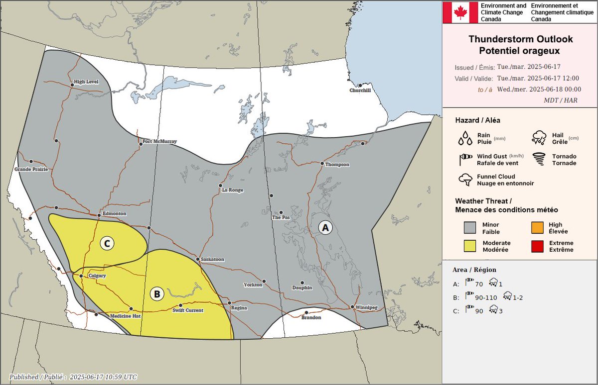 ECCCWeatherAB's tweet image. Showers and thunderstorms already sparking up in Alberta with widespread thunderstorm activity expected in the province this afternoon. Main threats with these storms will be marginally severe hail and strong wind gusts. #abstorm