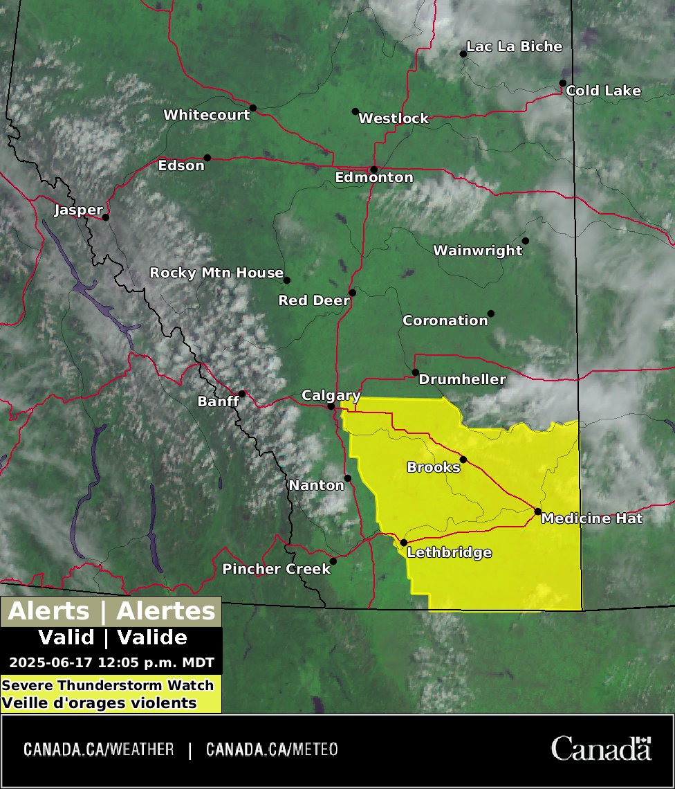 ECCCWeatherAB's tweet image. Showers and thunderstorms already sparking up in Alberta with widespread thunderstorm activity expected in the province this afternoon. Main threats with these storms will be marginally severe hail and strong wind gusts. #abstorm