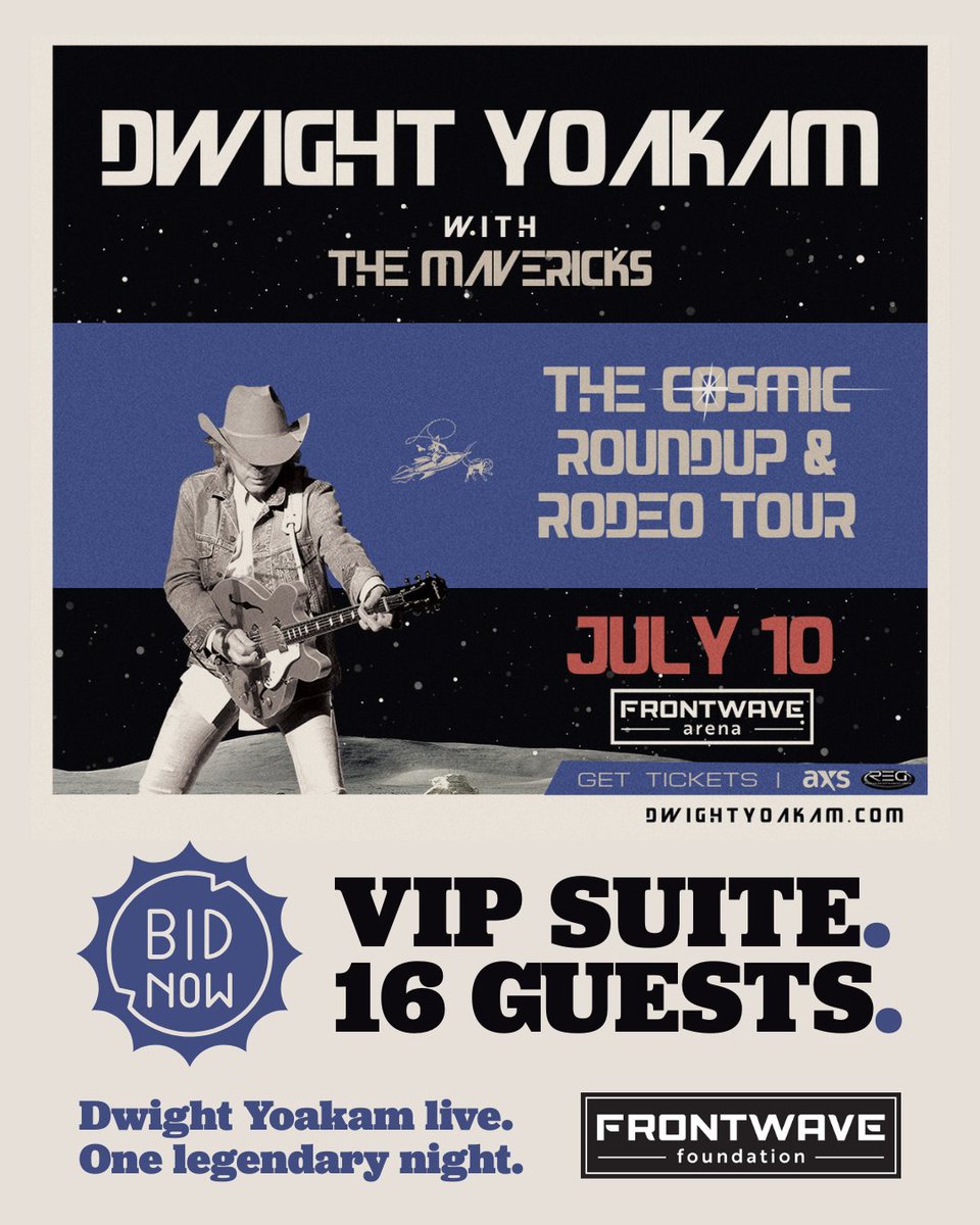 🎉 Bidding is OPEN! 🎉 
Win a VIP suite for <a href="/DwightYoakam/">Dwight Yoakam</a>'s Cosmic Rodeo July 10 <a href="/FrontwaveArena/">Frontwave Arena</a> w/ <a href="/MavericksMusic/">The Mavericks</a> &amp; <a href="/BenHaggardMusic/">Ben Haggard</a>

🎶 16-person suite
🚘 8 VIP parking passes
🍹 Lounge access + gifts

Bid now: hubs.li/Q03skMMG0
Closes June 29, 8PM PT