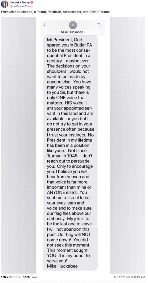 WHAT THE ABSOLUTE FUCK? Mike Huckabee is trying to invoke God to make Trump NUKE Iran?
That sure the fuck how it reads. 
We have mentally ill people in power. This is insane.