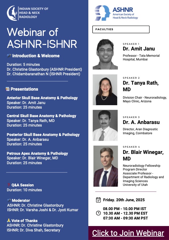 ASHNRSociety's tweet image. Join us this Friday for the next joint webinar with @teamishnr !! Learn about skull base anatomy and pathology from fantastic speakers representing both societies! Click the link below to join the webinar, no pre-registration required!
ow.ly/h9m150Wb0iT