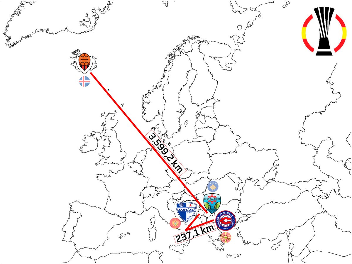 📊 Como curiosidad, la distancia más larga en un viaje de esta R1 de #UECL la vuelve a protagonizar el Víkingur Reykjavík islandés junto al Malishevë kosovar.

La menor, con poco más de 200 kilómetros entre las ciudades, la recorrerán el Dečić montenegrino y el Sileks macedonio.