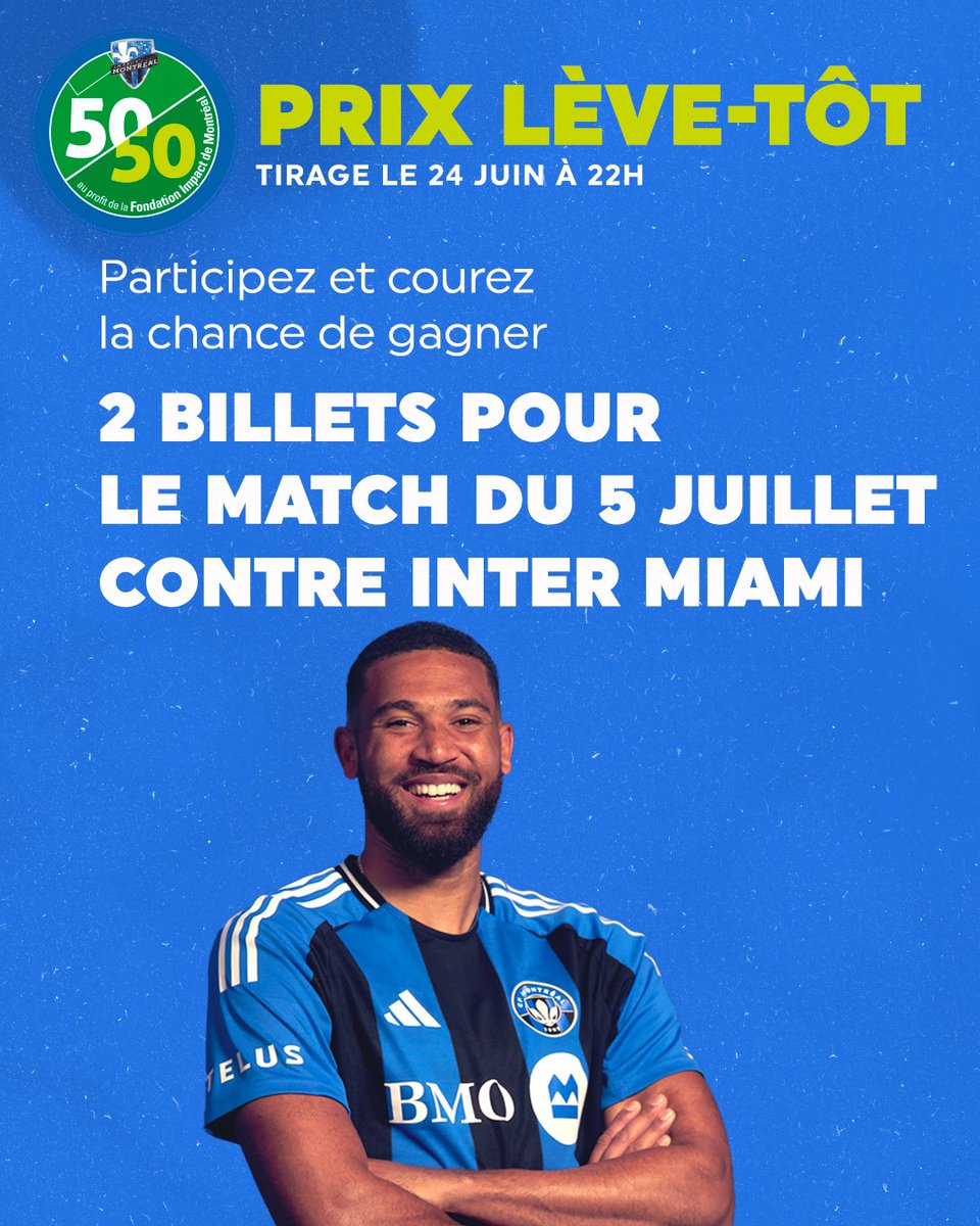CONCOURS 🚨 

Participez en ligne à notre tirage moitié-moitié avant le 24 juin à 22h et courez la chance de gagner 2️⃣ billets pour notre match contre l'Inter Miami CF!

Participez ici &gt;&gt;&gt; 5050.fondationimpactdemontreal.com

#CFMTL