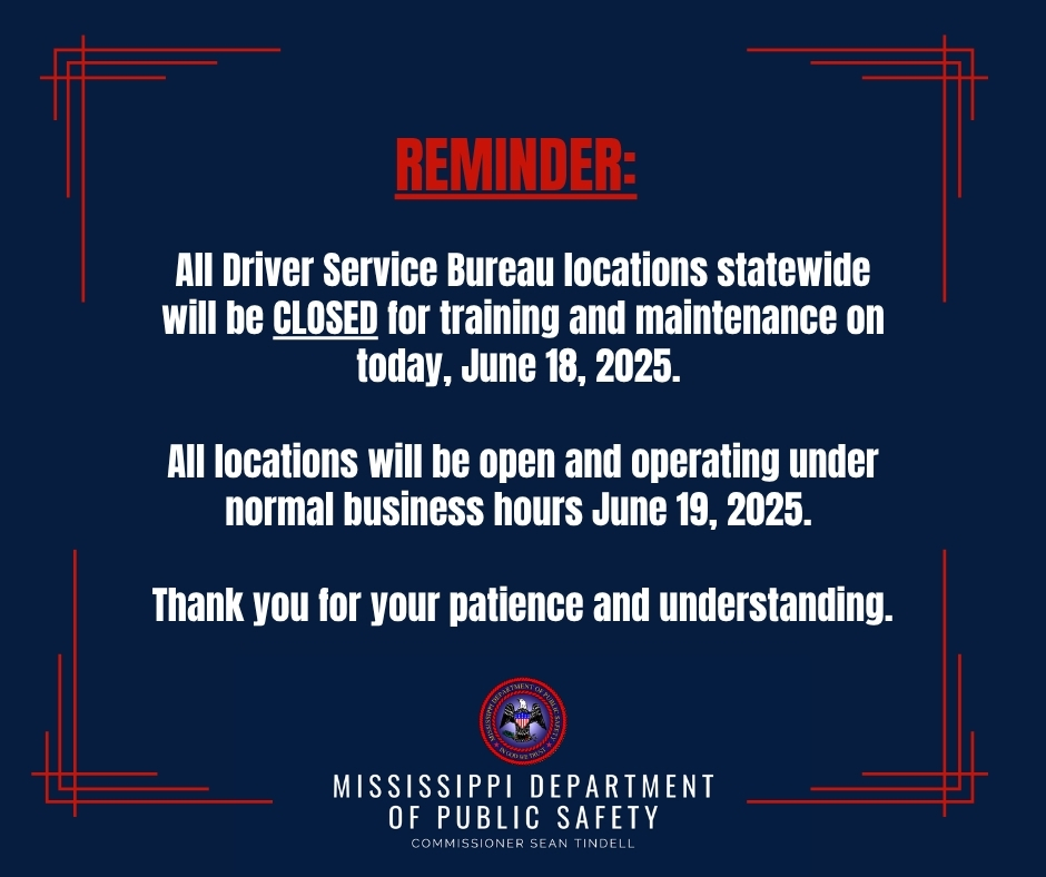 REMINDER!!
All Driver Service Bureau locations will be closed TODAY, June 18, for training &amp; maintenance.

We apologize for any inconvenience this may cause.
Online services will remain available, and all offices will reopen  tomorrow, June 19.

Thank you for your understanding.