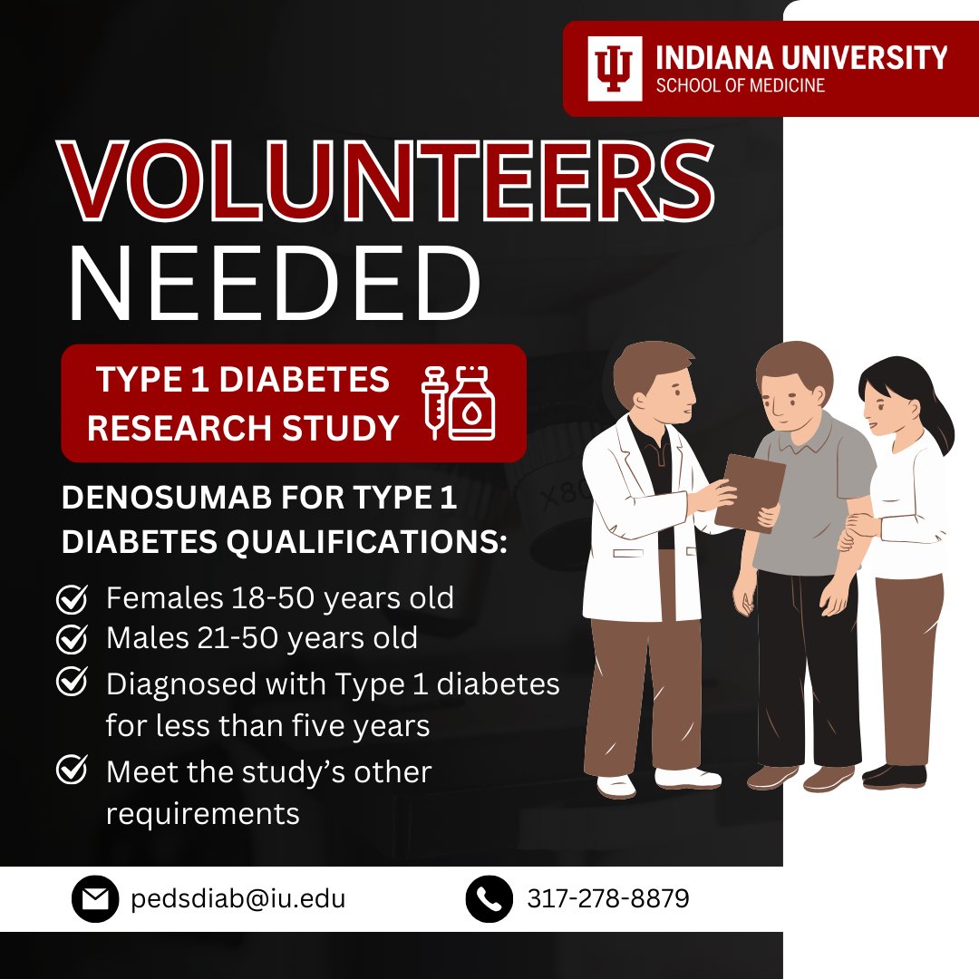 Herman B Wells Center for Pediatric Research (@iuwellscenter) on Twitter photo Diabetes researchers <a href="/IUMedSchool/">IU School of Medicine</a> are studying Denosumab as a potential treatment for Type 1 diabetes and we're seeking volunteers! This FDA-approved bone disease drug may help the body produce insulin and improve blood sugar control.
💉Learn more at clinicaltrials.gov/study/NCT06524… Diabetes researchers <a href="/IUMedSchool/">IU School of Medicine</a> are studying Denosumab as a potential treatment for Type 1 diabetes and we're seeking volunteers! This FDA-approved bone disease drug may help the body produce insulin and improve blood sugar control.
💉Learn more at clinicaltrials.gov/study/NCT06524…