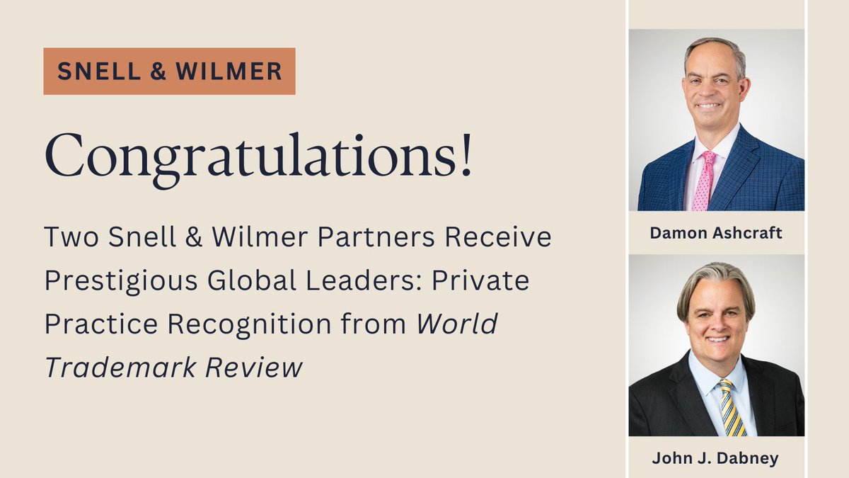 Snell &amp; Wilmer is pleased to announce that partners Damon Ashcraft and John Dabney were recognized by the World Trademark Review (WTR) on its 2025 Global Leaders: Private Practice list.

Read more here: bit.ly/4n35poI.