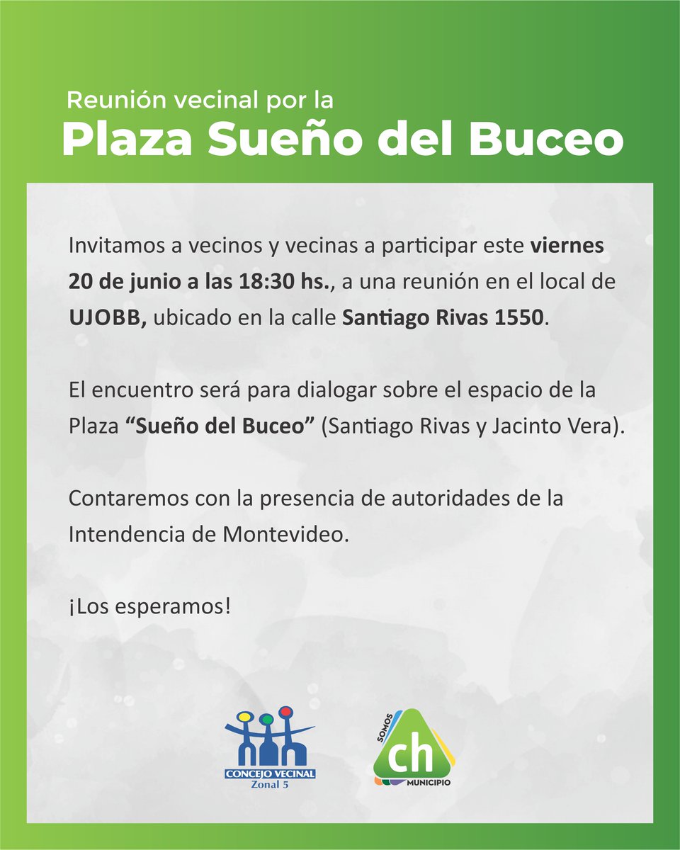 Invitamos a la reunión vecinal el próximo viernes 20 de junio a las 18:30, en el local de la UJOBB (Santiago Rivas 1550) para dialogar sobre la Plaza “Sueño de Buceo”.
¡Los esperamos!
SomosCH