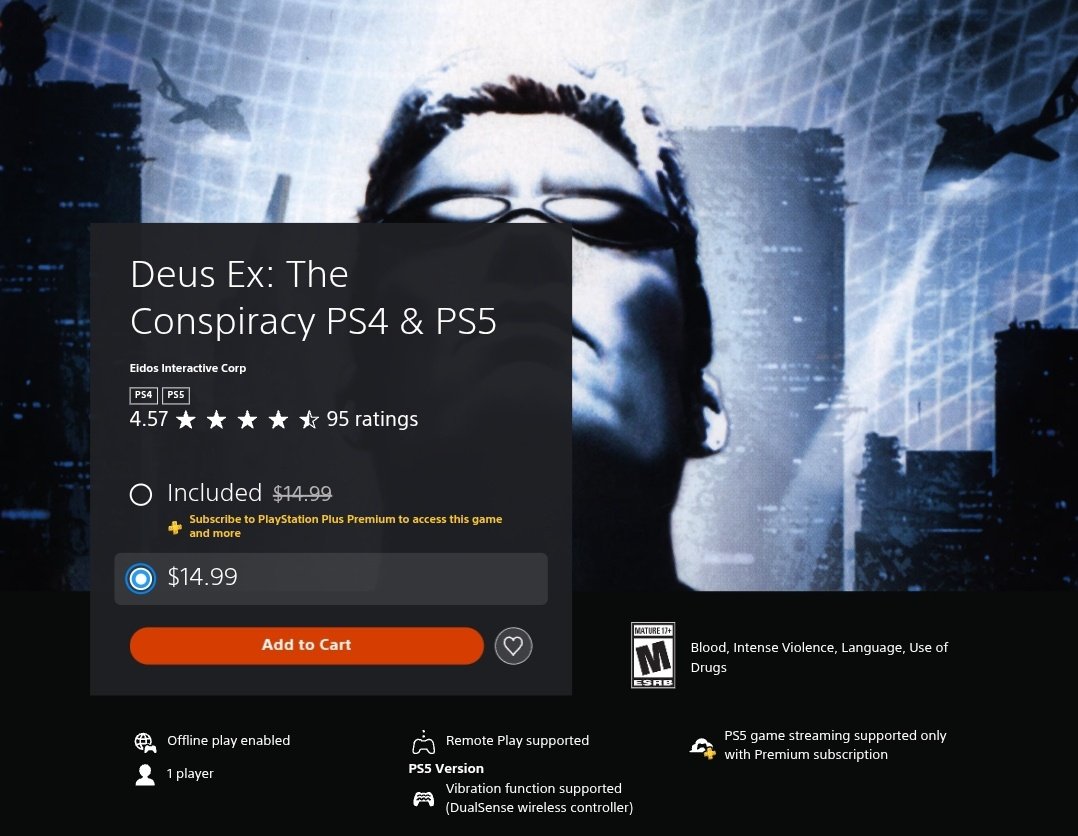 Deus Ex: The Conspiracy is now available on Playstation 4 and Playstation 5.

The game can be bought individually for $ 14.99 or as part of PS+ Classics catalog.

Support for English, French, German, Italian, and Spanish text is available on PS5, audio support is only available