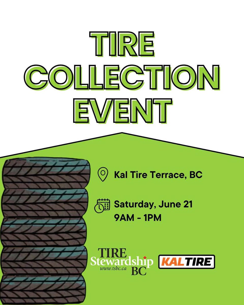 #Terrace #BC – Drop off your old tires at our upcoming tire collection event!
📅Saturday, June 21, 2025, from 9 AM to 1 PM at Kal Tire Terrace.

For full event details, visit facebook.com/share/16fRJcKU…