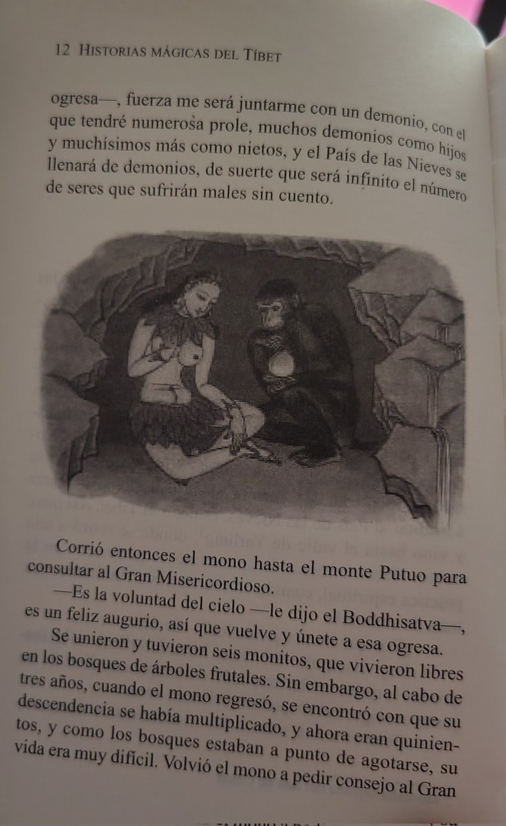 Omphals1's tweet image. Un cuentecito narra cómo los habitantes del Tíbet descienden de la unión de una "ogra" (srin-mo en el original) y un mono entregado a la meditación, discípulo del bodhisattva Avalokitesvara. Lo que parece algo grotesco es más bien una historia budista que ejemplifica la compasión