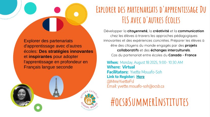 If you are a Grade 4-8 FSL teacher looking to connect your students with French learners in different schools, fostering exciting new opportunities for communication, collaboration and culture. Register here: 
forms.gle/sT1bSVC1YQ1FRR…
<a href="/ocsbBonjour/">𝕂 𝕥𝕠 𝟙𝟚 𝔽ℝ𝔼ℕℂℍ at the OCSB</a> #ocsbFSL #ocsbSummerInstitutes