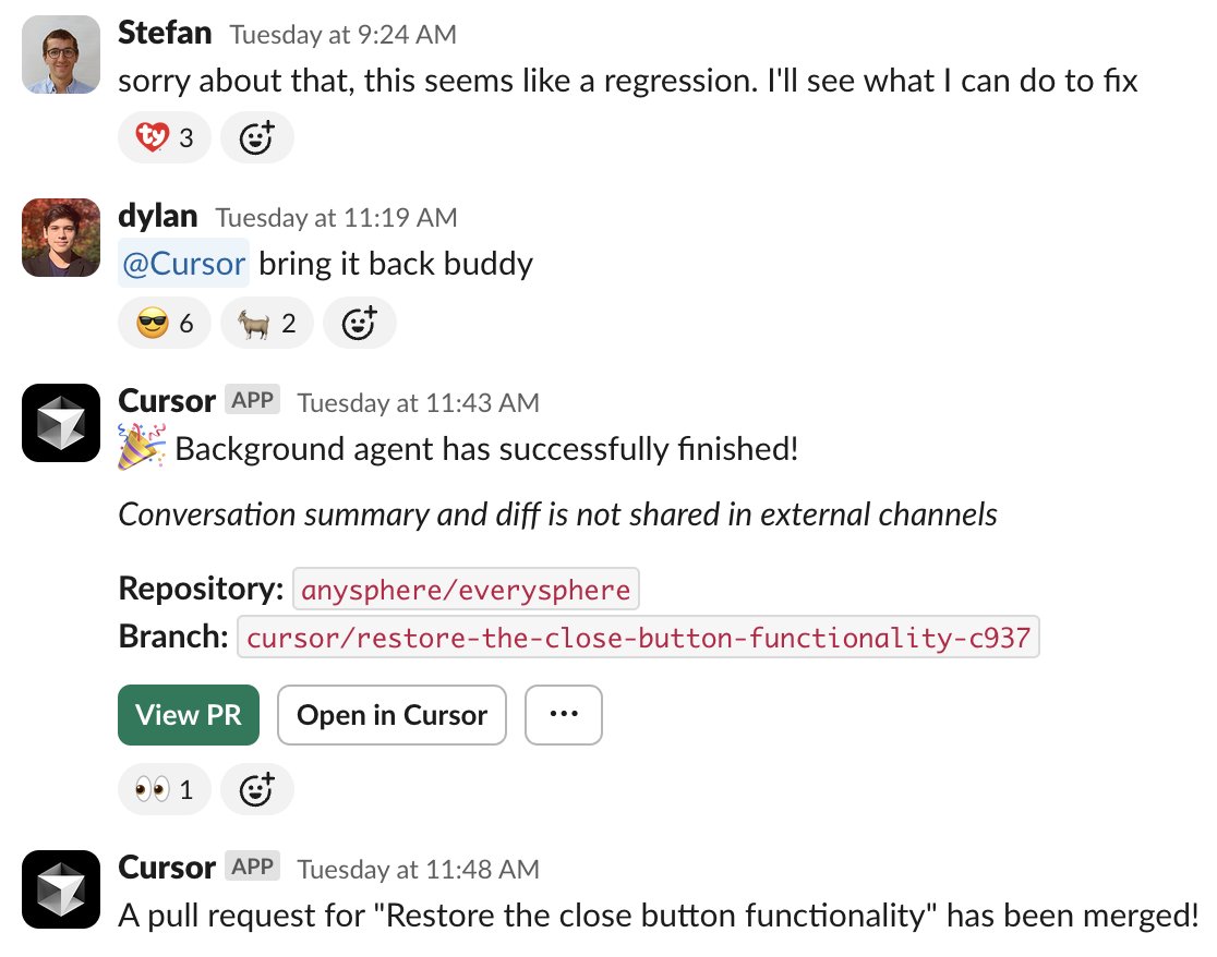 unbelievably excited to launch <a href="/cursor_ai/">Cursor</a> agents in <a href="/SlackHQ/">Slack</a>! i'm a power user of this feature in our slack.
let me tell you how I use it to massively boost my productivity:
