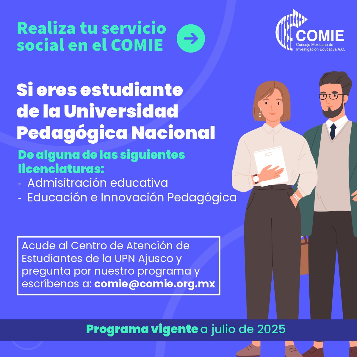 ¿Eres #estudiante  de la Universidad Pedagógica Nacional? ¿Te interesa la #investigacióneducativa?
¡Realiza tu #ServicioSocial con nosotros!
Acude al  CAE - Universidad Pedagógica Nacional y pregunta por nuestro programa.