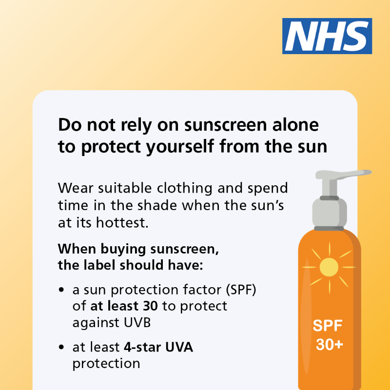 NHSuk's tweet photo. Even if it’s cloudy, UV rays can still cause sunburn. 
 
This advice can help you to stay safe and avoid getting sunburn, reducing your risk of developing skin cancer. 
 
More information on the NHS website