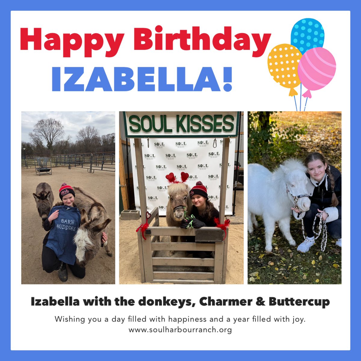 Happy Birthday Izabella! It is wonderful that you are a part of our feed &amp; clean “Barn Buddies” crew as well as a dedicated SOUL Buddies Animal Therapy Club member at Barrington High School AND our neigh-bor! Thanks for always pitching in and being  a part of our SOUL family. 💚