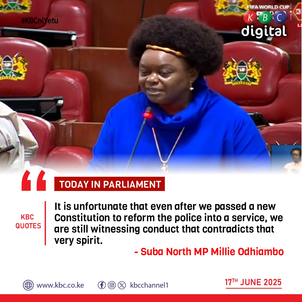 "It is unfortunate that even after we passed a new Constitution to reform the police into a service, we are still witnessing conduct that contradicts that very spirit."  Suba North MP Millie Odhiambo. ^MK
#MintoFM