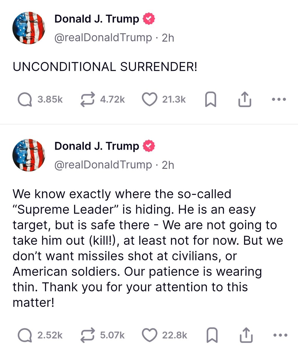 Donald je v ráži.

Nejdřív prakticky přihlásil USA do války mezi Izraelem a Íránem (my kontrolujeme vzdušný prostor), načež pohrozil Chameneímu možnou likvidací a přidal výkřik o bezpodmínečné kapitulaci.

🤷