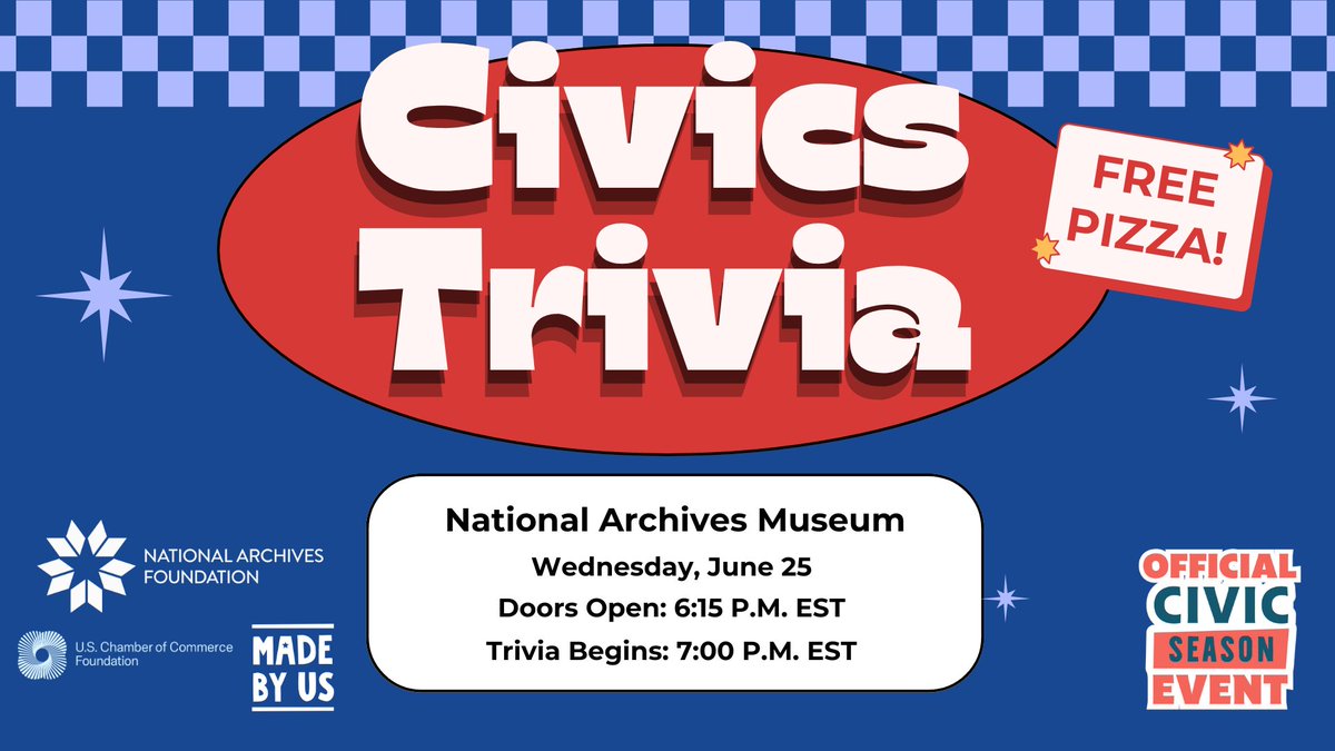 National Archives Foundation (@archivesfdn) on Twitter photo Since our Civics Trivia with <a href="/historymadebyus/">Made By Us</a> & <a href="/USCCFoundation/">U.S. Chamber of Commerce Foundation</a> is just over a week away, we thought you might want to stretch your civic muscles (aka your 🧠) with some practice questions in this 🧵
And if you haven't already, don't forget to register: archivesfoundation.org/events/civics-… Since our Civics Trivia with <a href="/historymadebyus/">Made By Us</a> & <a href="/USCCFoundation/">U.S. Chamber of Commerce Foundation</a> is just over a week away, we thought you might want to stretch your civic muscles (aka your 🧠) with some practice questions in this 🧵
And if you haven't already, don't forget to register: archivesfoundation.org/events/civics-…
