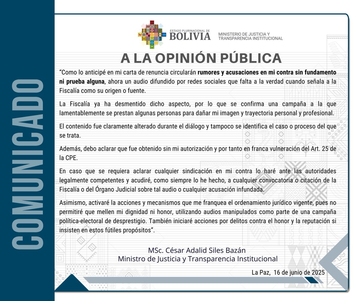 El <a href="/MinJusticiaBol/">Ministerio Justicia y Transparencia Institucional</a> comenzó a borrar rastros del ex-Ministro de Justicia @CsarSiles4. El comunicado publicado el 16 de junio de 2025 fue eliminado de las distintas cuentas en redes sociales del Ministerio de Justicia y Transparencia Institucional de Bolivia.
<a href="/CIDH/">CIDH - IACHR</a>