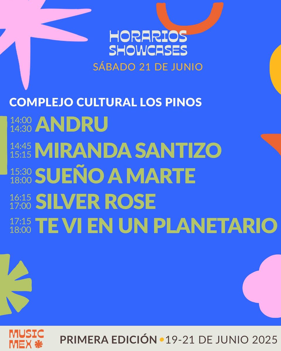 🎶✨ ¡<a href="/musicmexcdmx/">MUSICMEX</a> lo prometió y cumplió! Aquí los horarios de los showcases gratuitos 🗓️ que prenderán <a href="/CC_LosPinos/">Complejo Cultural Los Pinos</a> y @bajocircuito del 19 al 21 de junio 🌞

📲 Pre-registro obligatorio
⏰ Llega temprano y asegura tu lugar
🔗 musicmex.com / passline.com/eventos/musicm…