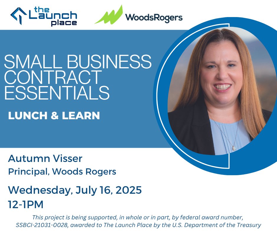 Join us for a Lunch and Learn facilitated by <a href="/WoodsRogersLaw/">Woods Rogers</a> attorney, Autumn R. Visser, on 7/16, from 12-1pm at The Launch Place. In this session, you’ll learn the importance of contracts and how to leverage them in your small business. Register below!

eventbrite.com/e/small-busine…