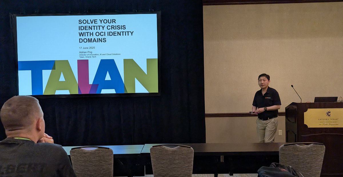 Adrian Png is starting his presentation that will help you to solve your identity crisis with #OCI identity domains at #Kscope25