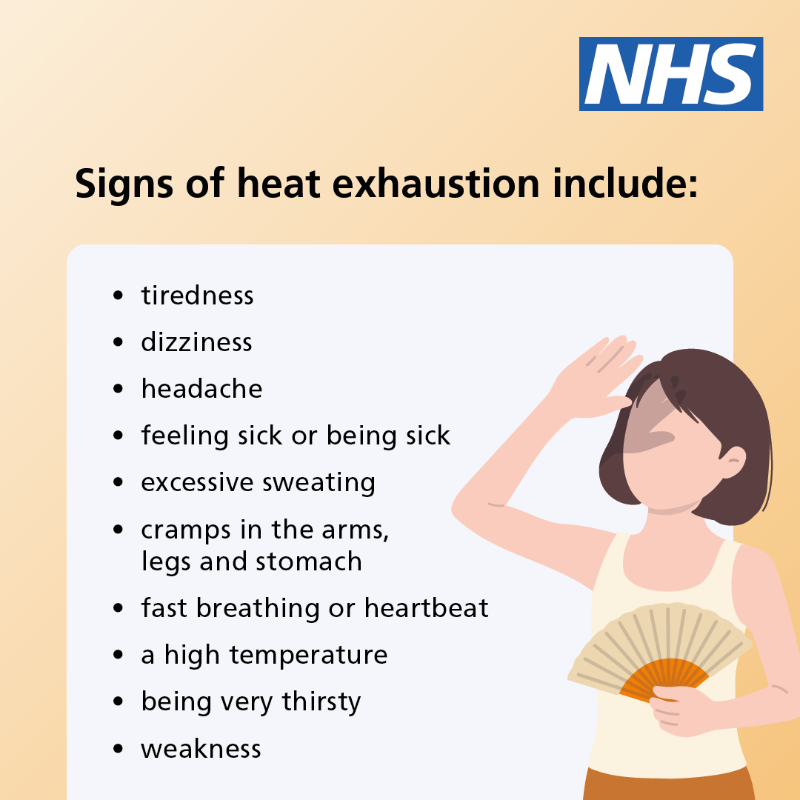 NHSuk's tweet photo. With temperatures reaching 30 degrees later this week, it’s important to know the difference between heat exhaustion and heatstroke. 
 
If heat exhaustion turns into heatstroke, it needs to be treated as an emergency.

Find out more on the NHS website ⬇️