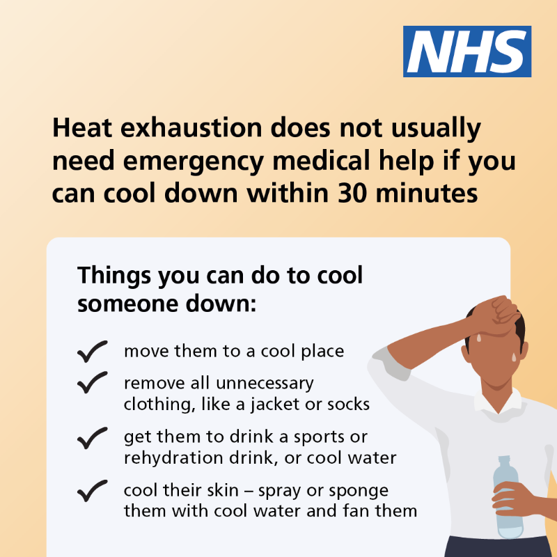 NHSuk's tweet photo. With temperatures reaching 30 degrees later this week, it’s important to know the difference between heat exhaustion and heatstroke. 
 
If heat exhaustion turns into heatstroke, it needs to be treated as an emergency.

Find out more on the NHS website ⬇️