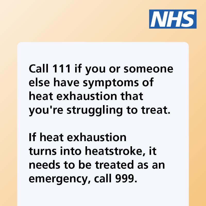 NHSuk's tweet photo. With temperatures reaching 30 degrees later this week, it’s important to know the difference between heat exhaustion and heatstroke. 
 
If heat exhaustion turns into heatstroke, it needs to be treated as an emergency.

Find out more on the NHS website ⬇️