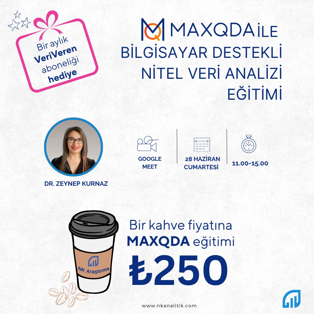 Bir kahve fiyatına MAXQDA Eğitimi  

📢 Bir aylık #VeriVeren aboneliği hediye  

Eğitime kayıt olmak için linke tıklayın
nkanalitik.com/urun/maxqda-il…

Son 28 kişi... 

Ek kontenjan açılmayacaktır.

<a href="/nk_analitik/">NK Araştırma</a> <a href="/veriveren_tr/">VeriVeren</a>