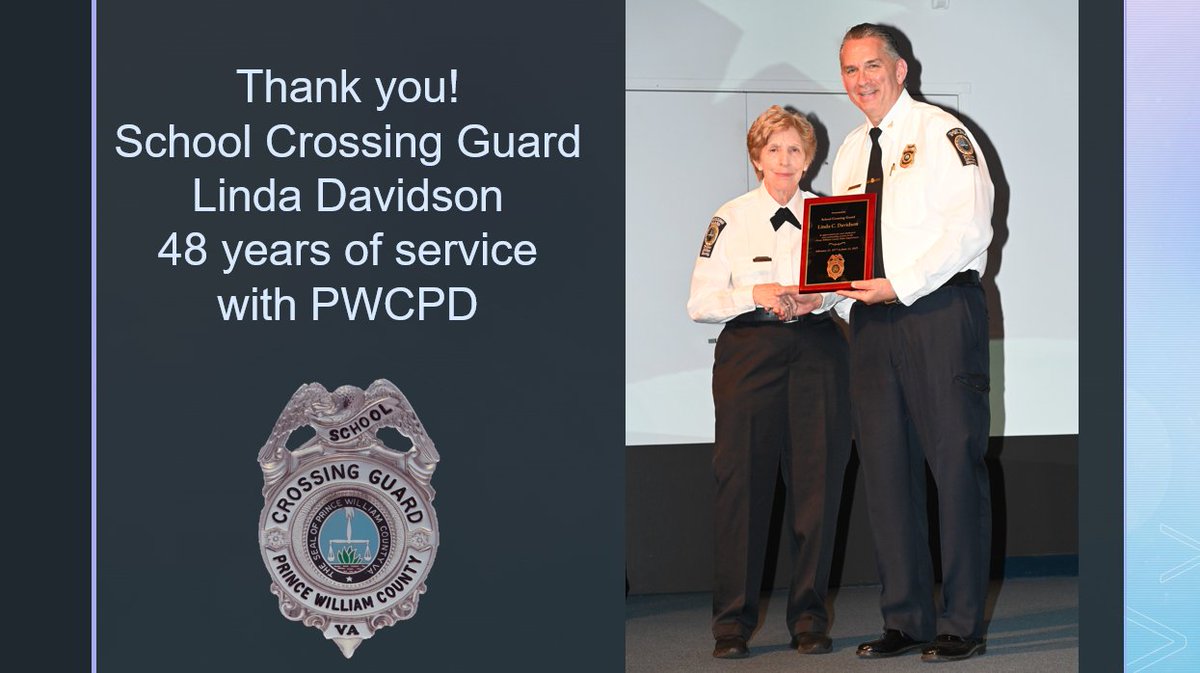Congratulations #SchoolCrossingGuard Linda Davidson on 48 years of stellar service with #PWCPD. You excelled at your mission. Thank you for such a remarkable work ethic. You are a respected colleague who you will be missed by us &amp; no doubt the students.  Best wishes to you!