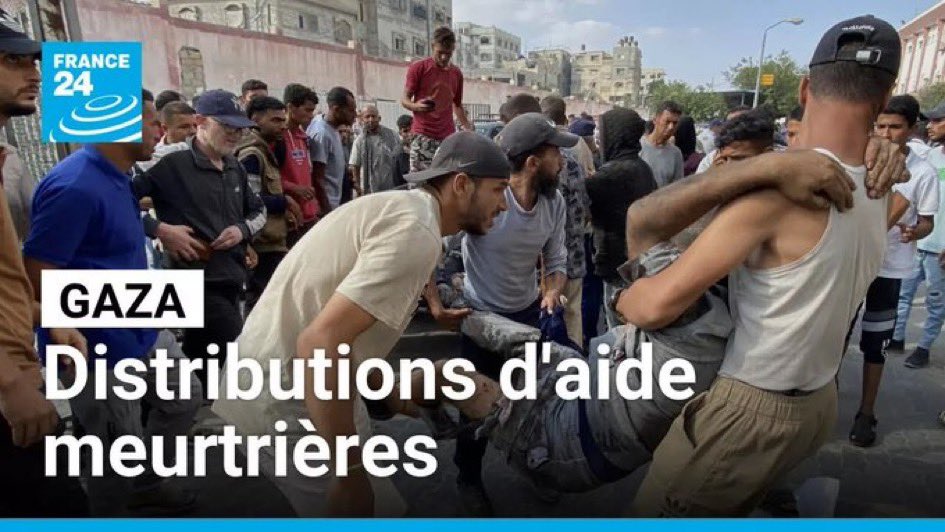 Insoutenable!Les mêmes scènes qui se répètent chq jour.Les gazaouis,tenaillés par la faim,se pressent aux rares centres d’aide.Parqués derrière des grilles,ds le chaos le +total et sous menace de tirs.51 morts,200 blessés!
Stop au bain de sang! 
Que reste t’il de notre humanité🕊️