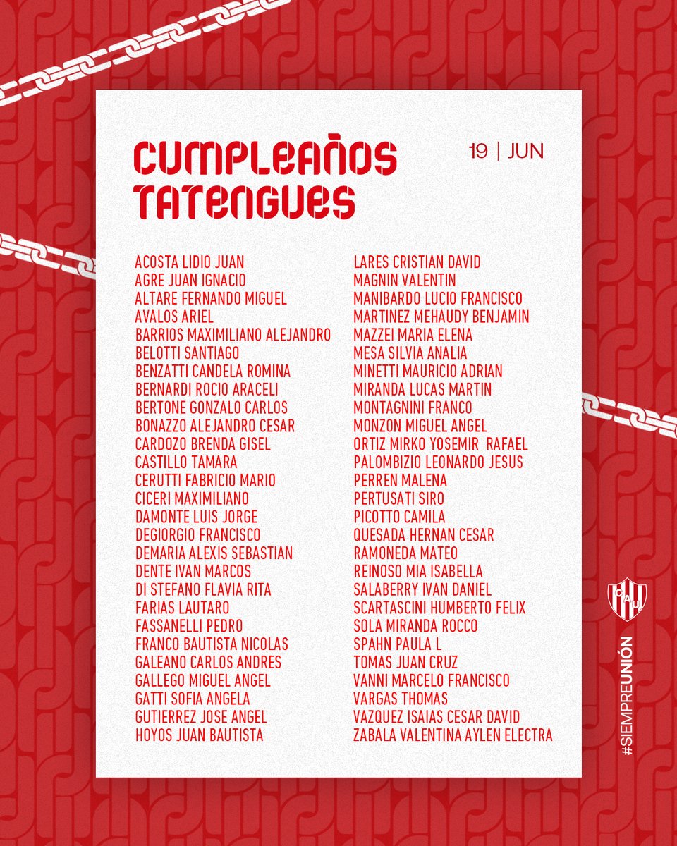 clubaunion's tweet photo. 🎂 Unión saluda a sus socios y socias que cumplen años hoy.
¡Felicidades! 🔴⚪ 
#SociosTatengues #SociasTatengues #CumpleañosTatengues https://t.co/XCakNR98yK