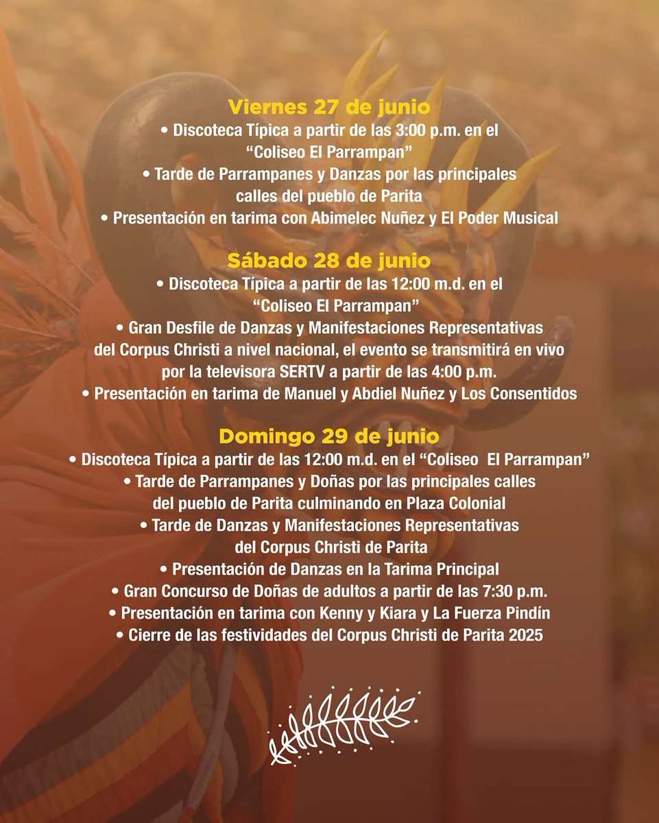¡Corpus Christi comienza mañana en Parita!
¡Te esperan fe, cultura y tradición!
Desliza para ver lo que no te puedes perder 👇

📍 Parita, Herrera
🗓️ 18-29 de junio de 2025

👉 Bailes
👉 Procesiones devocionales
👉 Música y ambiente tradicional en cada esquina
👉 y mucho más.