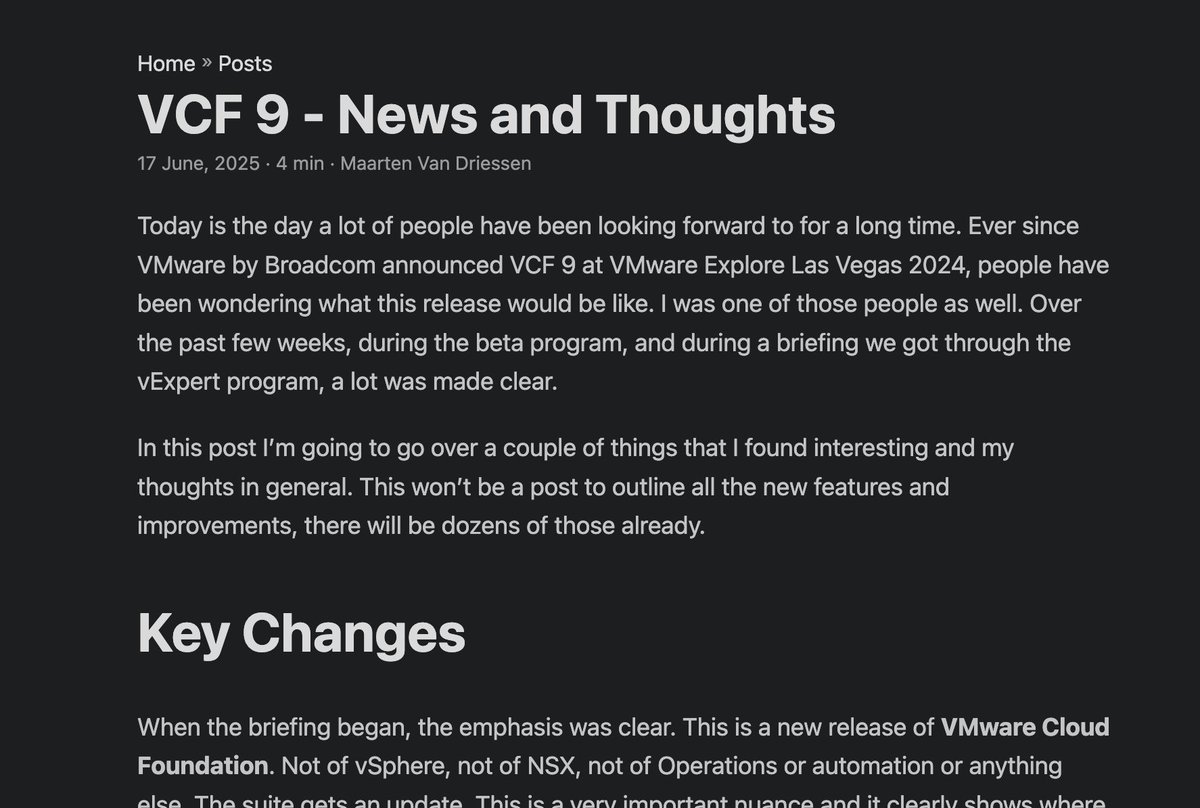 Great article titled "VCF 9 - News and Thoughts" by vExpert Maarten Van Driessen <a href="/mvandriessen/">Maarten Van Driessen</a> 

brisk-it.net/vcf9-news-and-…