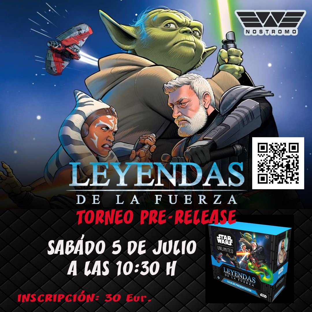 TORNEO PRE-RELEASE SWU Leyendas de la Fuerza
Sábado 5 de Julio a las 10:30 horas
Juega con las cartas de la nueva expansión antes que nadie <a href="/asmop_es/">ASMODEE OP España</a> 
Sellado (6 sobres)
Suizo
Apúntate aquí 👇
nostromocomics.com/torneo-pre-rel…