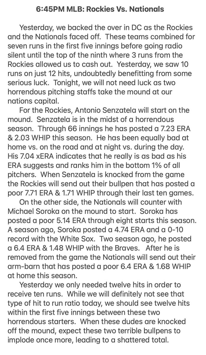 Tonight’s MLB Free
⚾️PHI -1 -152
⚾️PHI F5 -0.5 -125
⚾️COL WAS Over 9 -131
⚾️COL WAS F5 Over 5 -130

VIP W/15 Plays Out! For All Plays ⬇️
bit.ly/RNRLOUNGE

#Betsmarter #MLB #GamblingX