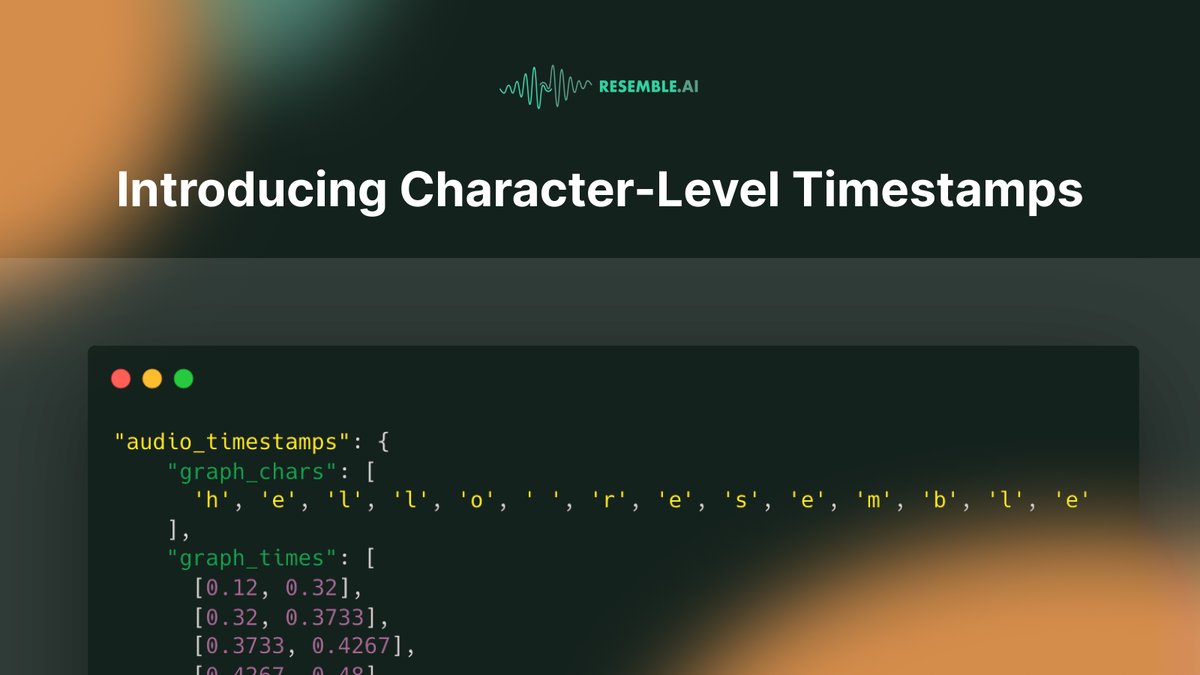 resembleai's tweet image. We now return timestamps for every character.

Perfect for real-time lip sync, subtitles, and anything that needs fine-grained alignment.

Another step toward making generative voice more programmable.

Available now -- no extra setup required.