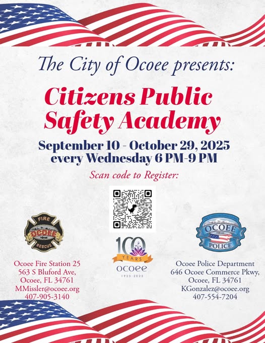 It's FREE! It's FUN! Sign up for the Ocoee Police Department Citizen Public Safety Academy. Get an inside look at public safety, exciting field trips and interactive experiences. Sep 10-Oct 29-Every Wed. 6pm-9pm. Register using the QR code or this link: ocoee.org/formcenter/pol…