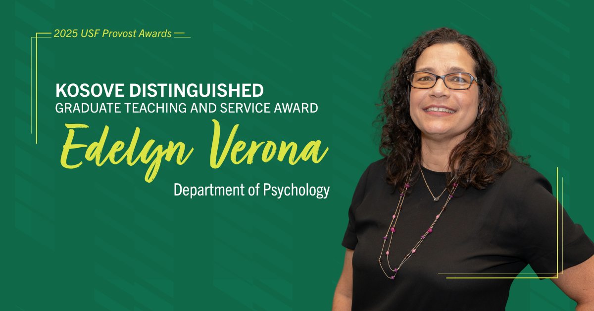 All month, we're celebrating #USF Provost Awards recipients! 🤘

Congrats to Dr. Edelyn Verona (Dept. of Psychology) on the Kosove Distinguished Graduate Teaching &amp; Service Award! 🏆 

Her work in psychology &amp; justice drives impactful research &amp; reform. So well-deserved! 👏