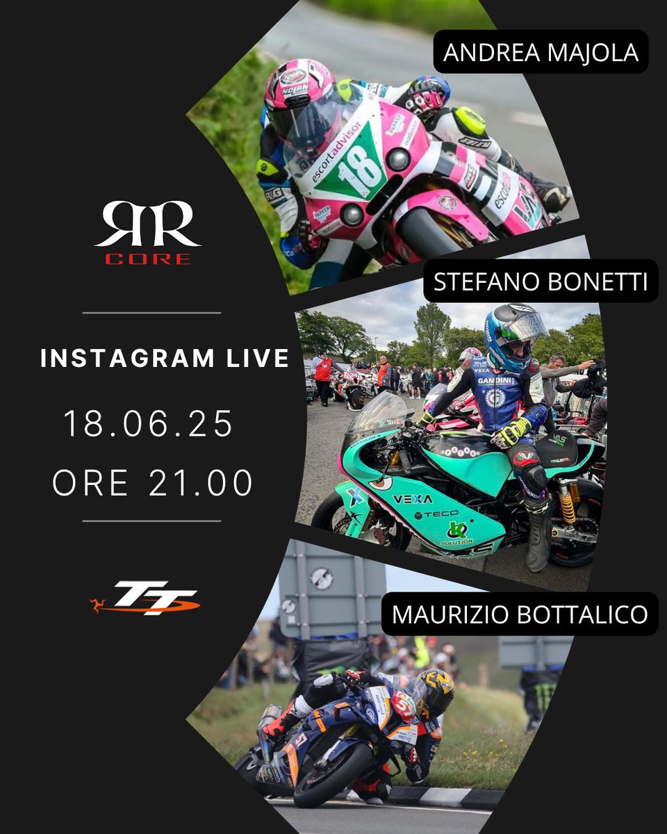 Mercoledì 18 giugno alle ore 21.00 vi aspetto in diretta sulla pagina Instagram di <a href="/RoadRacingCore/">RoadRacingCore</a> per una serata TT con Stefano Bonetti, Andrea Majola e Maurizio Bottalico! 🇮🇲 🇮🇲 🇮🇲 

Preparate le vostre domande 😎 ✍🏻
